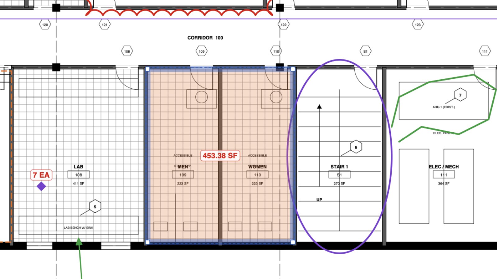 A selected area measurement of 453.38 SF covering two restrooms on a clinic floor plan in Cella, with a count of 7 EA in the lab and the stair outlined in purple.
