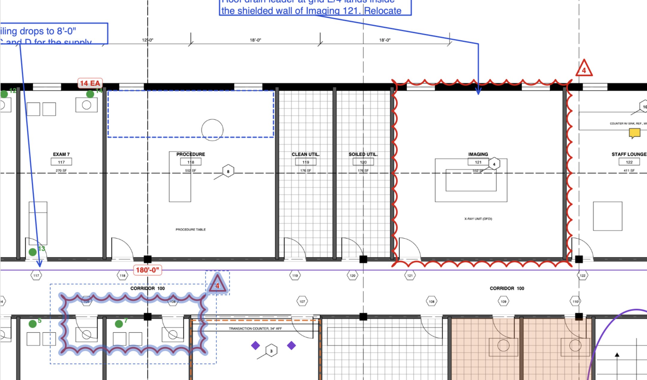 A clinic floor plan in Cella at 133%: a red revision cloud around the Imaging room with a revision triangle, blue callouts, a selected cloud in the corridor, a 180'-0" length and a 14 EA count.