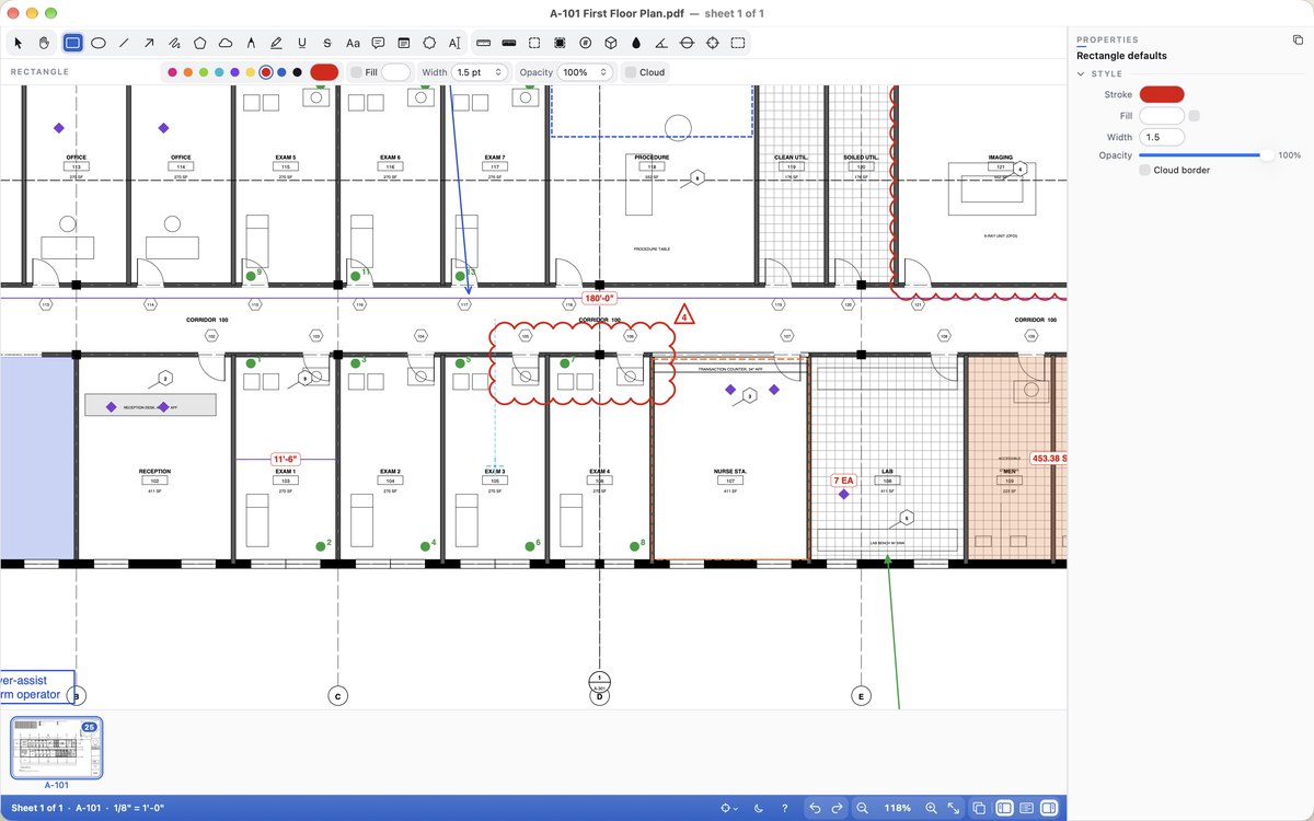 The Rectangle tool in Cella PDF showing a dashed cyan alignment guide where its edge lines up with a revision cloud.