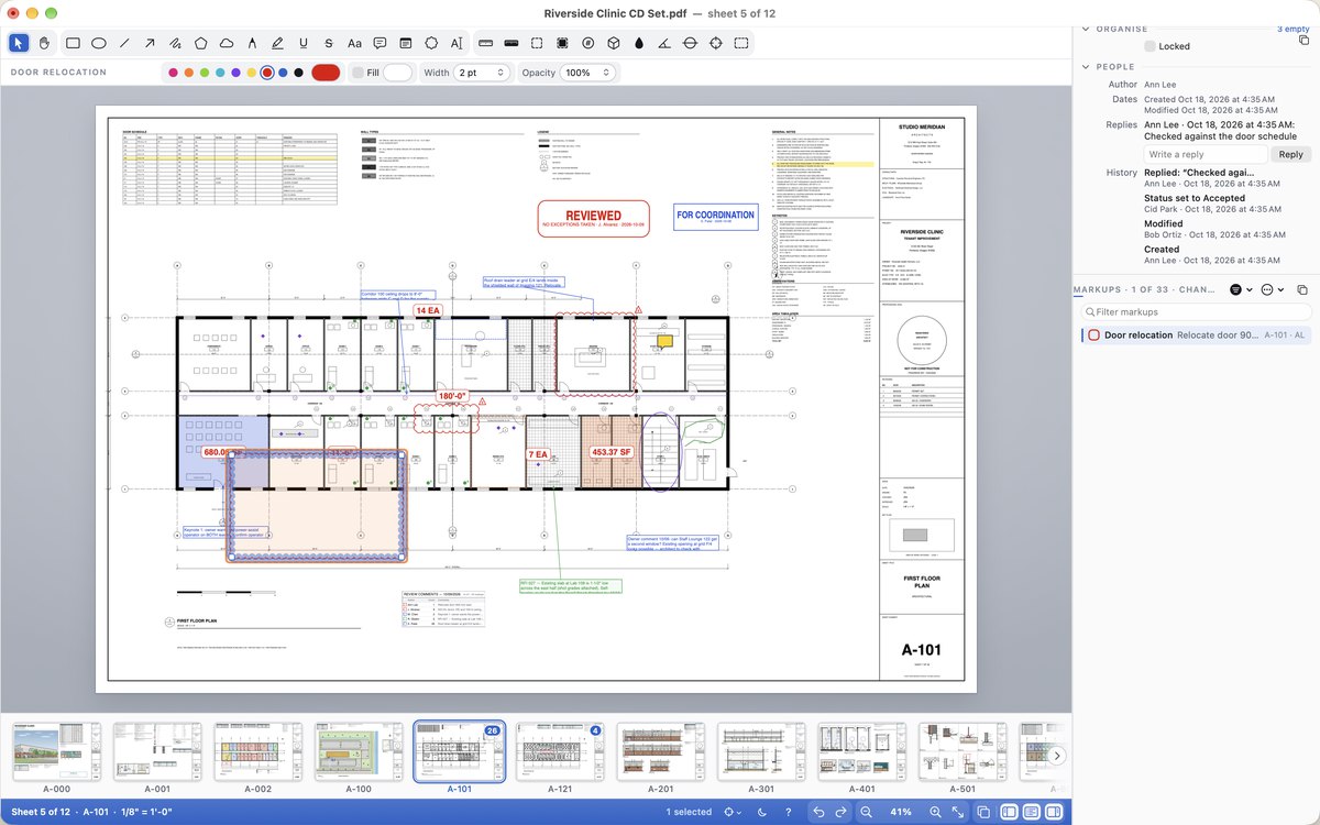 Cella PDF with a revision cloud selected on sheet A-101 of the Riverside Clinic set: the People section of Properties shows its author, created and modified dates, a reply, and a history of who created it, modified it, set its status to Accepted and replied.