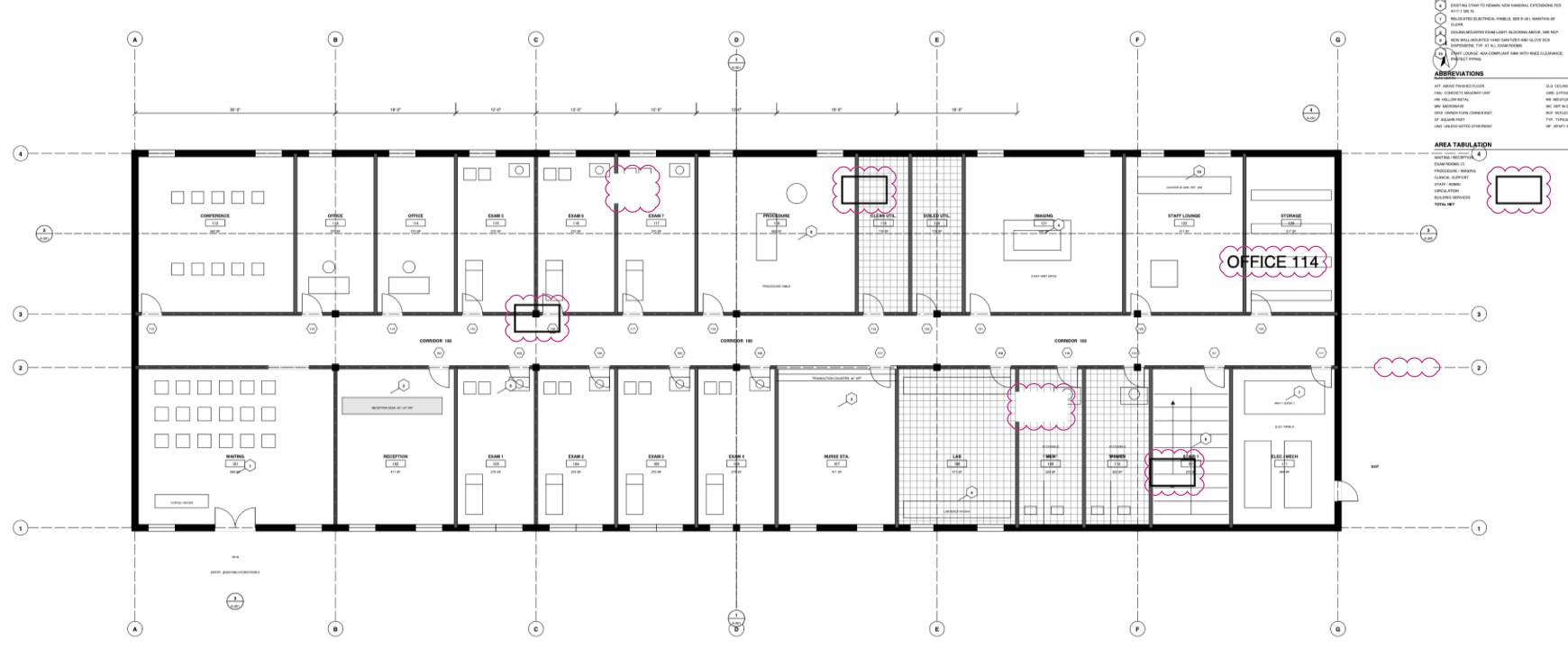 A clinic floor plan in Cella PDF after comparing two issues: magenta revision clouds mark each change, including items taken out, new boxes and a new room name, OFFICE 114.