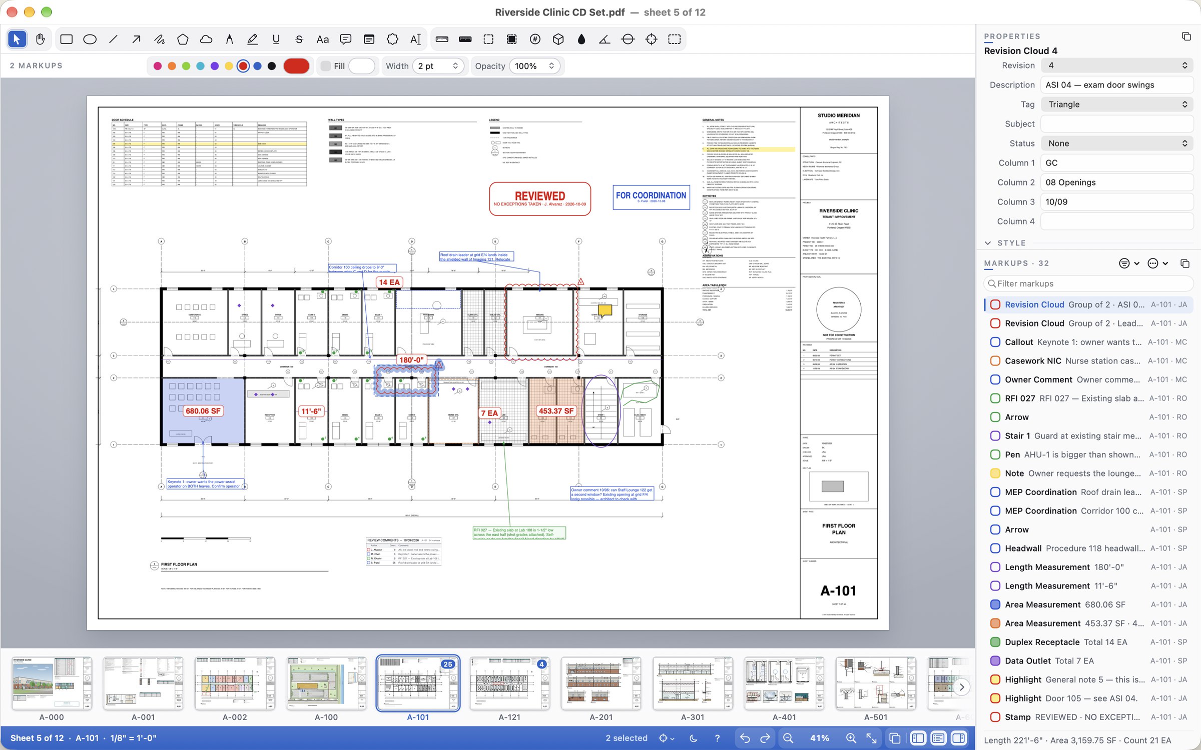 Cella PDF on a Mac showing sheet A-101, the first floor plan of a clinic, covered in review markups: red revision clouds with a revision tag, blue callouts, area measurements of 680.06 SF and 453.37 SF, counts of 14 EA and 7 EA, and Reviewed and For Coordination stamps. The Properties panel shows the selected cloud's revision, description and status, the Markups List lists the set's 32 markups, and the filmstrip shows the twelve sheets of the set.