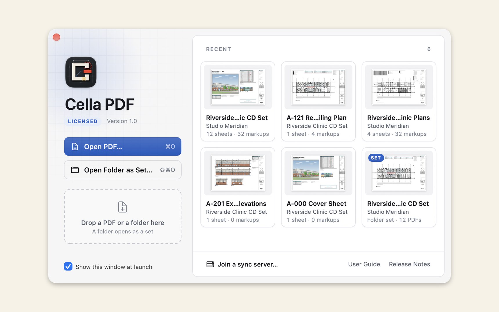 The Cella PDF Welcome window: the app icon, Version 1.0, Open PDF and Open Folder as Set buttons and a drop zone at the left, and six recent drawings and sets of the Riverside Clinic project as cards with a picture of each first sheet at the right.