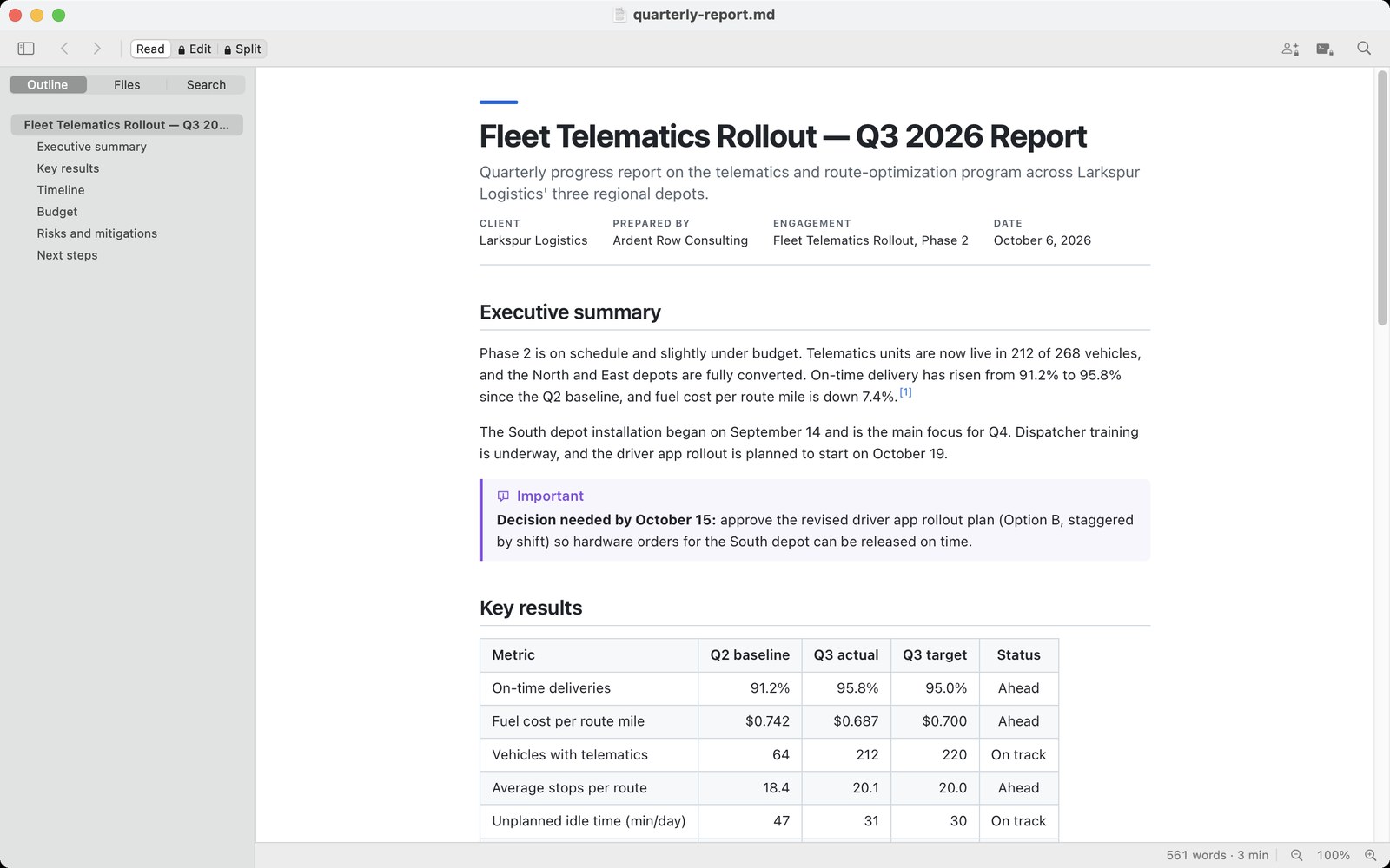 Markdown Reader showing “Fleet Telematics Rollout — Q3 2026 Report” with a title header listing client, prepared by, engagement and date, an executive summary, a purple “Important” callout and a key-results table. The sidebar on the left shows the document’s outline.