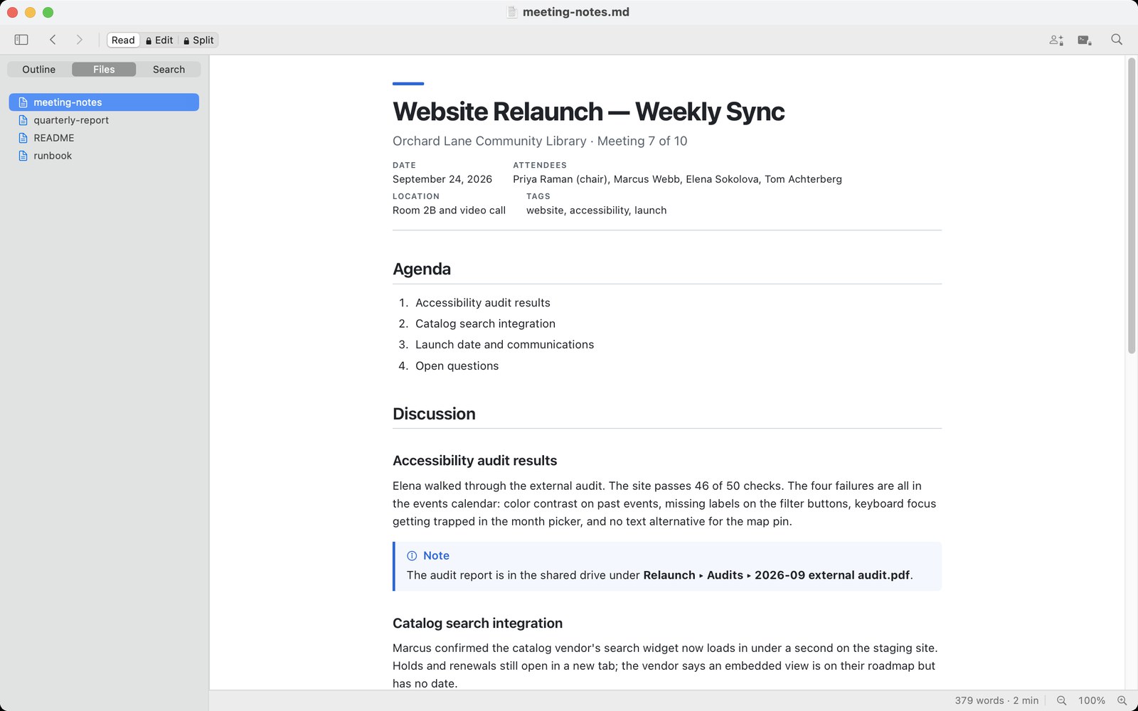Markdown Reader showing meeting notes titled “Website Relaunch — Weekly Sync”, with a header listing date, attendees, location and tags, followed by the agenda and a blue “Note” callout. The sidebar’s Files tab lists the four Markdown files in the same folder.