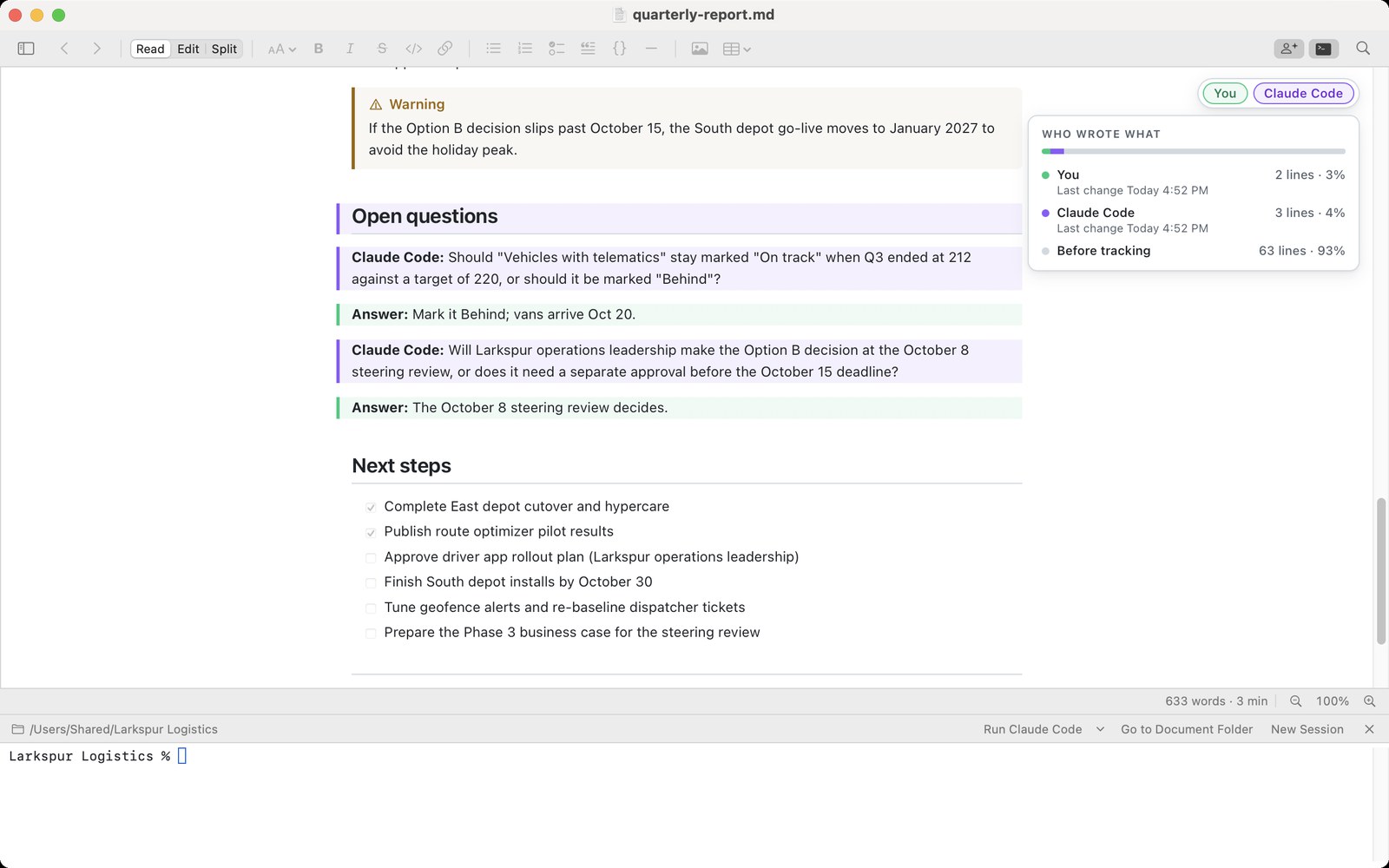 A report in Markdown Pro’s Read view with authorship colors on. Questions written by Claude Code have a violet bar and the user’s answers a green bar. A “Who wrote what” panel at the top right lists You (2 lines, 3%), Claude Code (3 lines, 4%) and Before tracking (63 lines, 93%), each with the time of its last change.