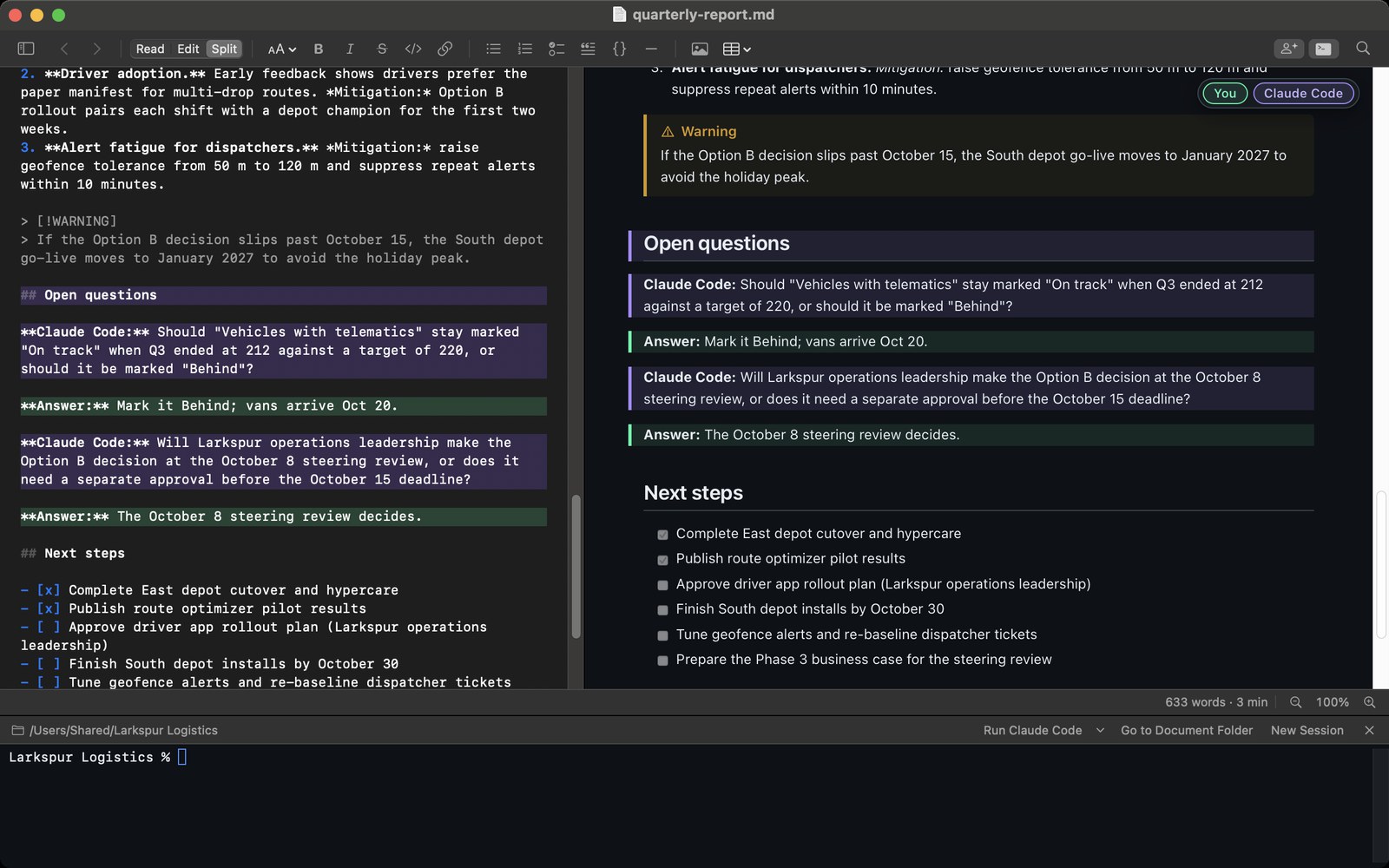 Markdown Pro in dark mode, Split view, with the Markdown source on the left and the formatted preview on the right. An “Open questions” section shows two questions from Claude Code highlighted in violet, each followed by the user’s answer highlighted in green. A terminal panel runs along the bottom of the window.
