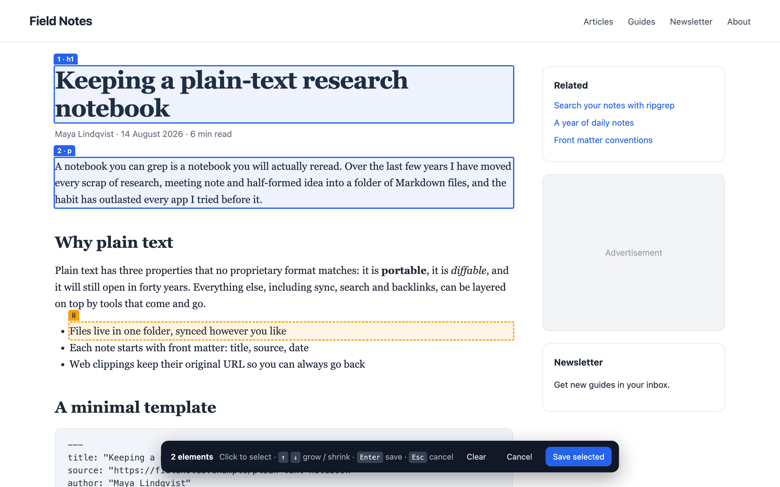 The element picker highlighting a heading and a paragraph on an article, with a toolbar showing 2 elements selected