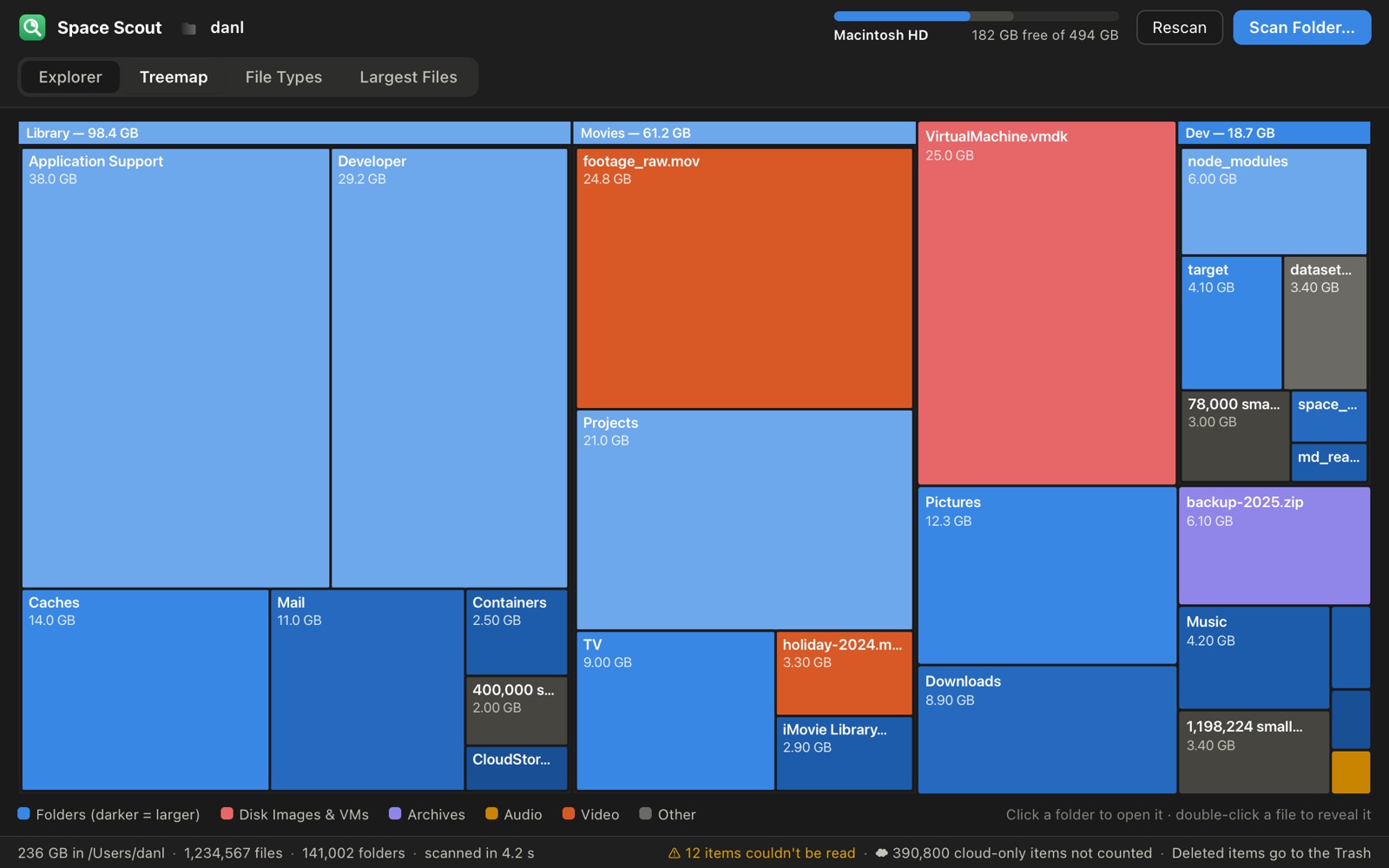 The same treemap view in dark mode: light-blue folder rectangles on a near-black background, with orange, red and violet file rectangles and the legend along the bottom.